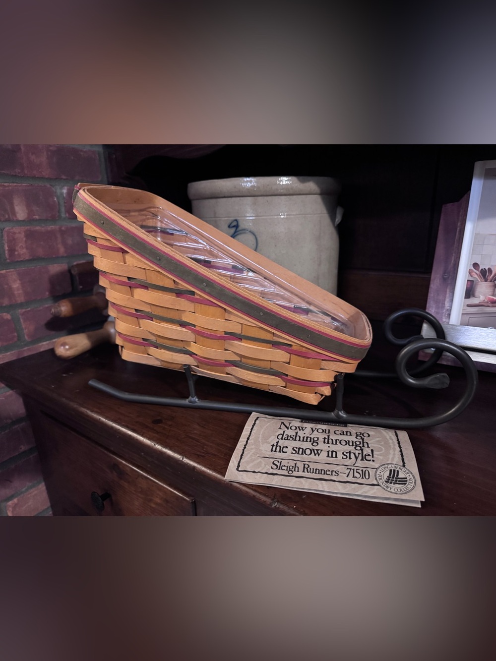 Vintage 1997 Longaberger Holiday Sleigh Basket w/ Metal Runners & Protector
